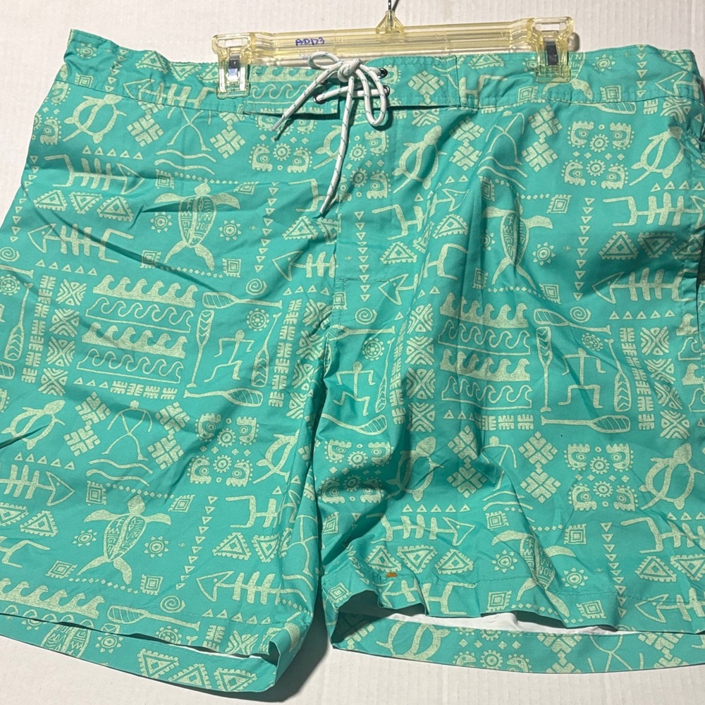 St. John's Bay Teal Swim Trunks with Cream Geometric Print
